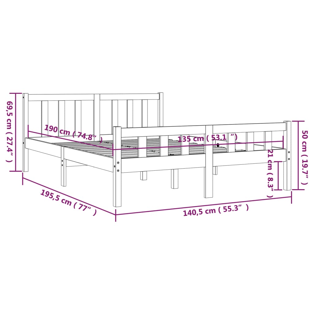 vidaXL Estructura de cama madera maciza gris doble 135x190 cm