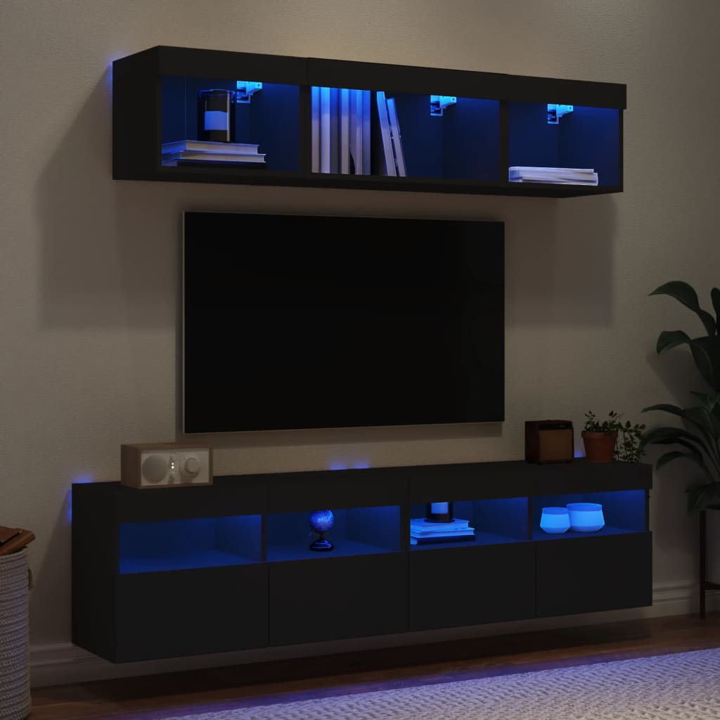 vidaXL Muebles de TV de pared con LED 5 pzas madera ingeniería negro