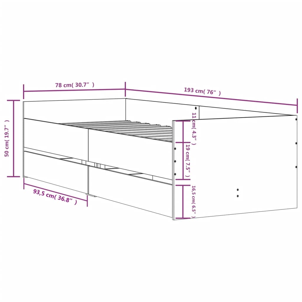 vidaXL Estructura de cama con cajones roble ahumado 75x190 cm