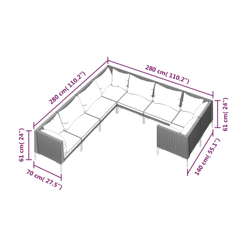 vidaXL Set sofás de jardín 8 pzas cojines ratán sintético gris oscuro