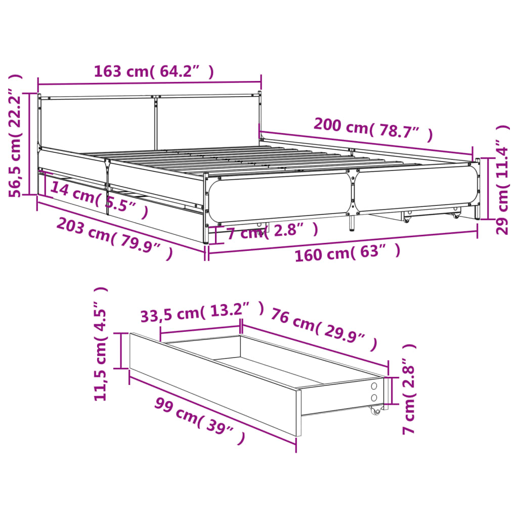 vidaXL Estructura cama con cajones madera ingeniería negra 160x200 cm