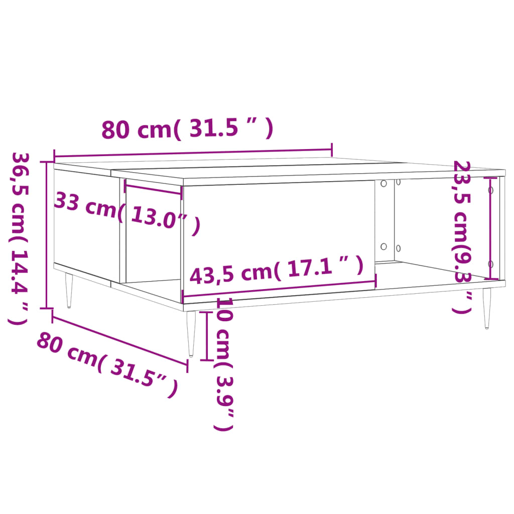 vidaXL Mesa de centro madera contrachapada negro 80x80x36,5 cm