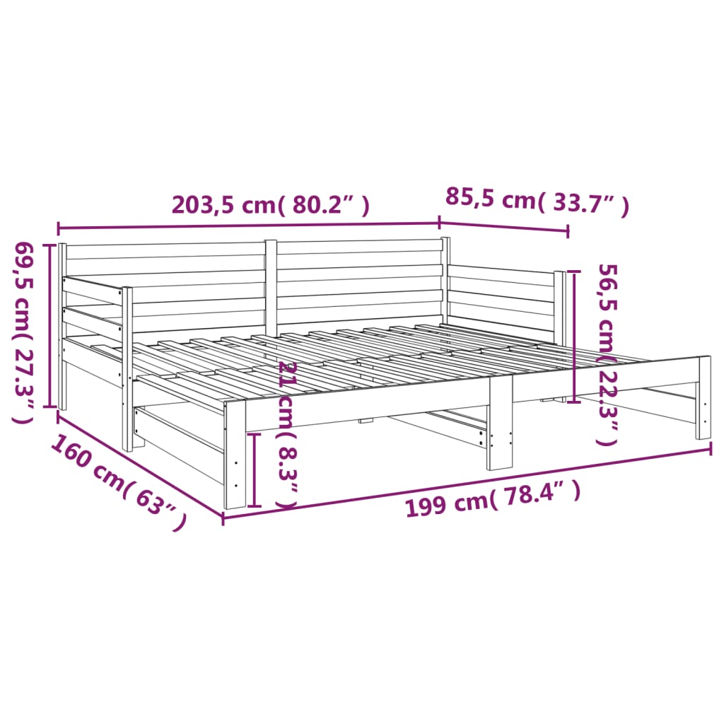 vidaXL Sofá cama extraíble madera maciza de pino negro 2x(80x200) cm