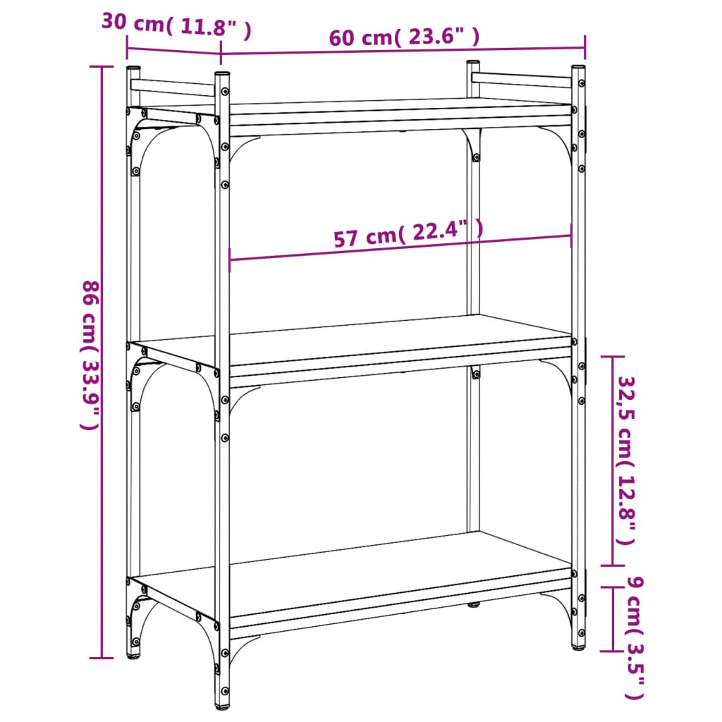 vidaXL Librería 3 estantes madera ingeniería gris Sonoma 60x30x86 cm