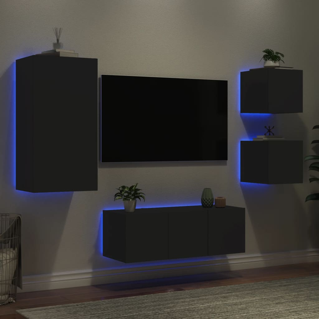 vidaXL Muebles de TV de pared con LED 5 pzas madera ingeniería negro