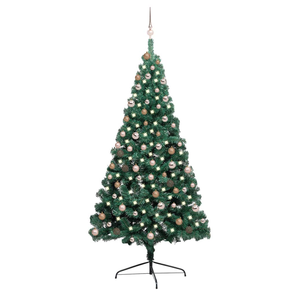 vidaXL Medio árbol de Navidad con luces y bolas verde 210 cm