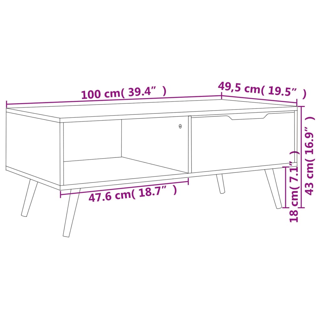 vidaXL Mesa de centro de madera contrachapada blanco 100x49,5x43 cm