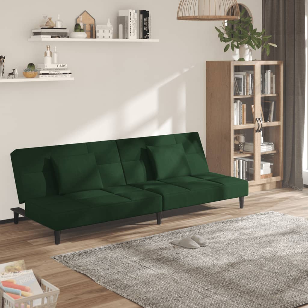 vidaXL Sofá cama de 2 plazas con dos almohadas terciopelo verde oscuro