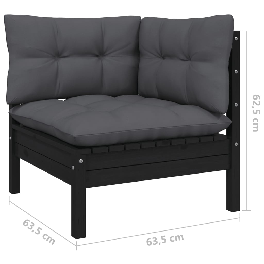 vidaXL Muebles de jardín 13 pzas y cojines negro madera maciza de pino