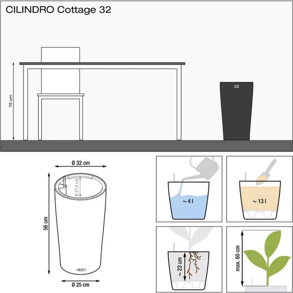 LECHUZA Jardinera CILINDRO Cottage 32 ALL-IN-ONE marrón arena Ø32 cm