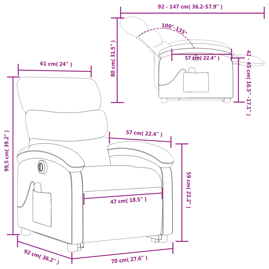 vidaXL Sillón masaje eléctrico reclinable elevable tela verde oscuro