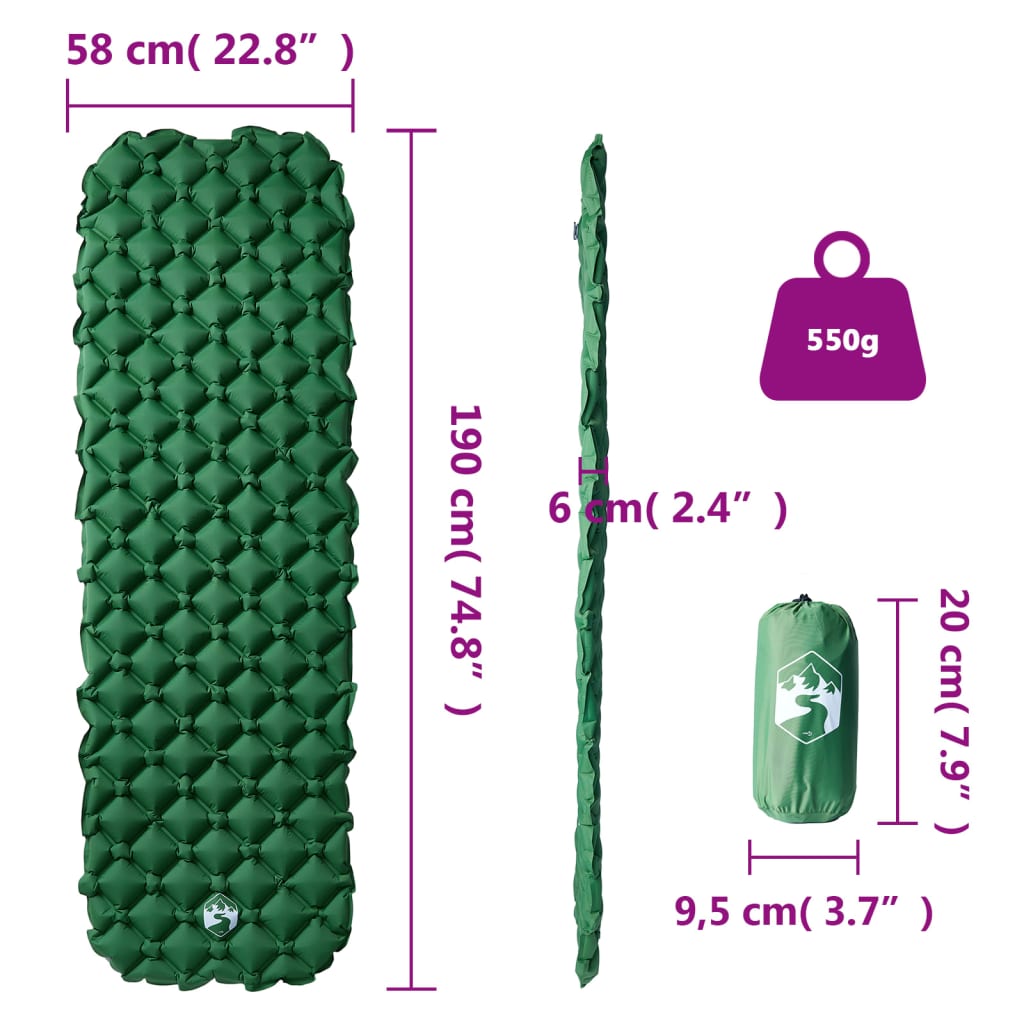 vidaXL Colchón inflable de camping para 1 persona verde 190x58x6 cm