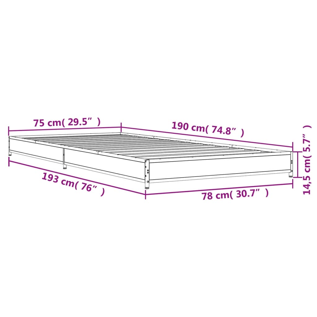 vidaXL Estructura cama madera ingeniería metal roble humo 75x190 cm