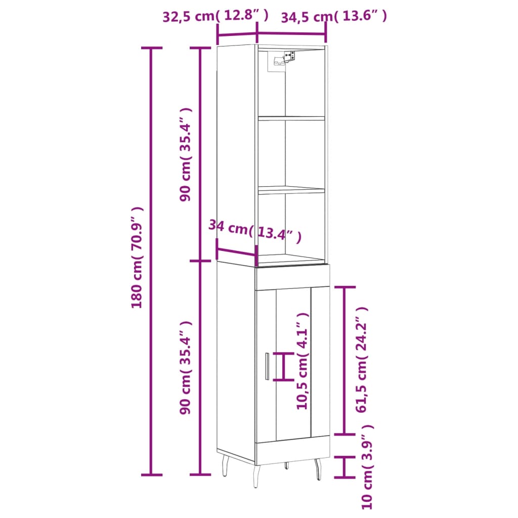 vidaXL Aparador alto madera contrachapada gris Sonoma 34,5x34x180 cm