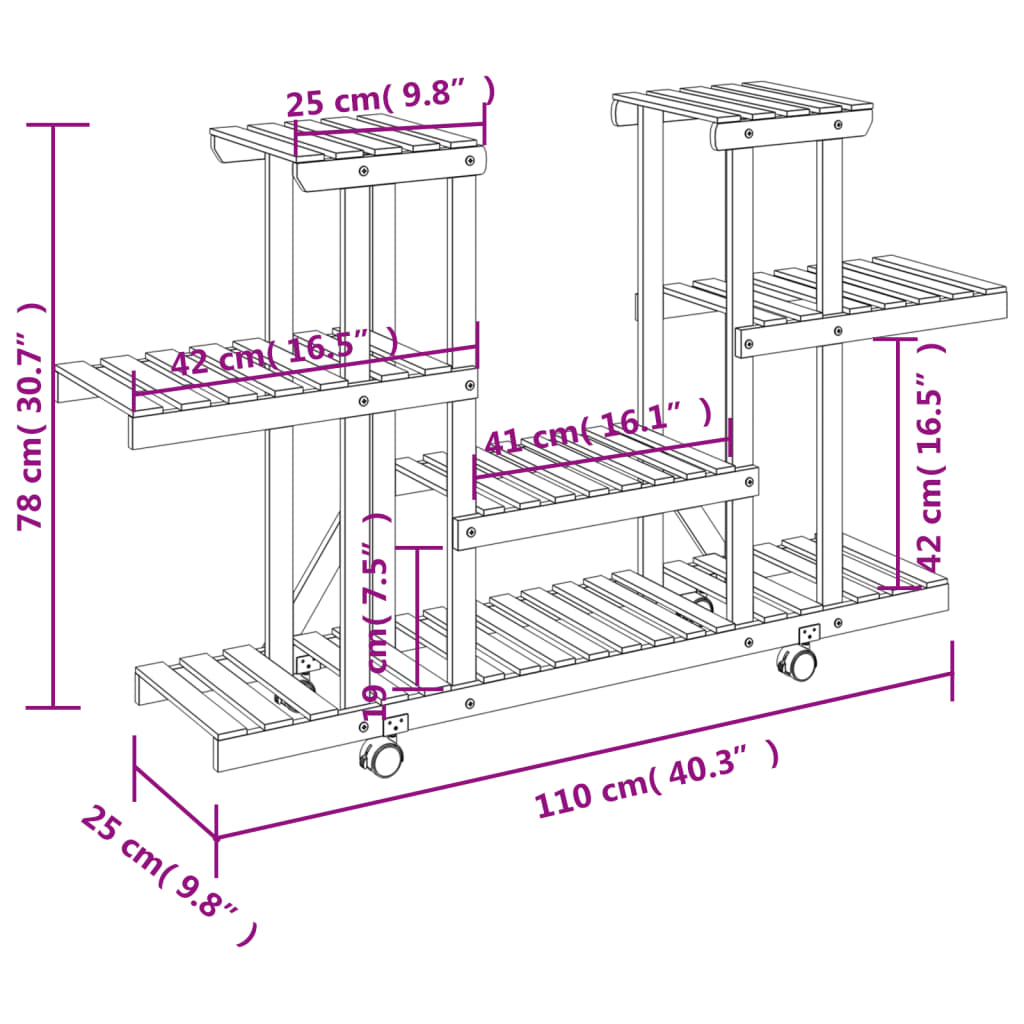 vidaXL Soporte para flores con ruedas madera maciza abeto 110x25x78 cm