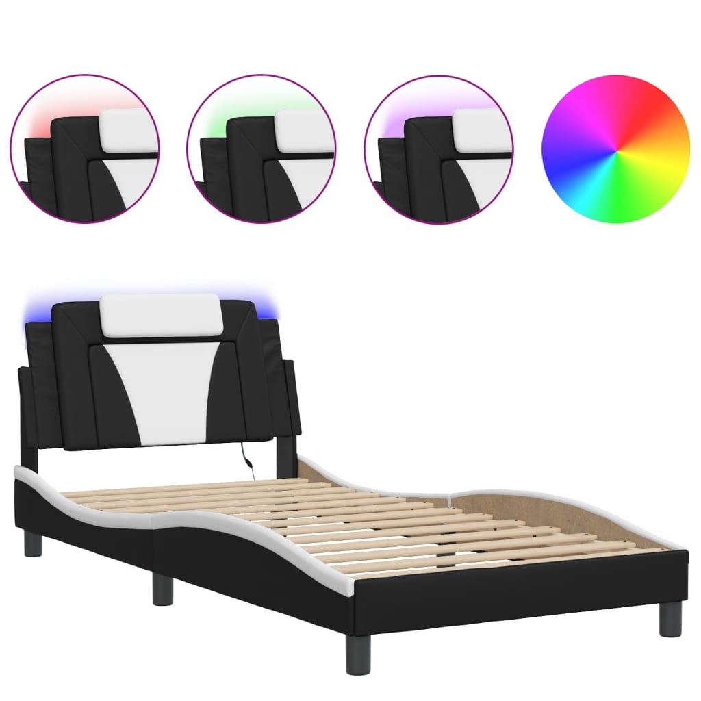 vidaXL Estructura cama con LED cuero sintético negro blanco 100x200 cm