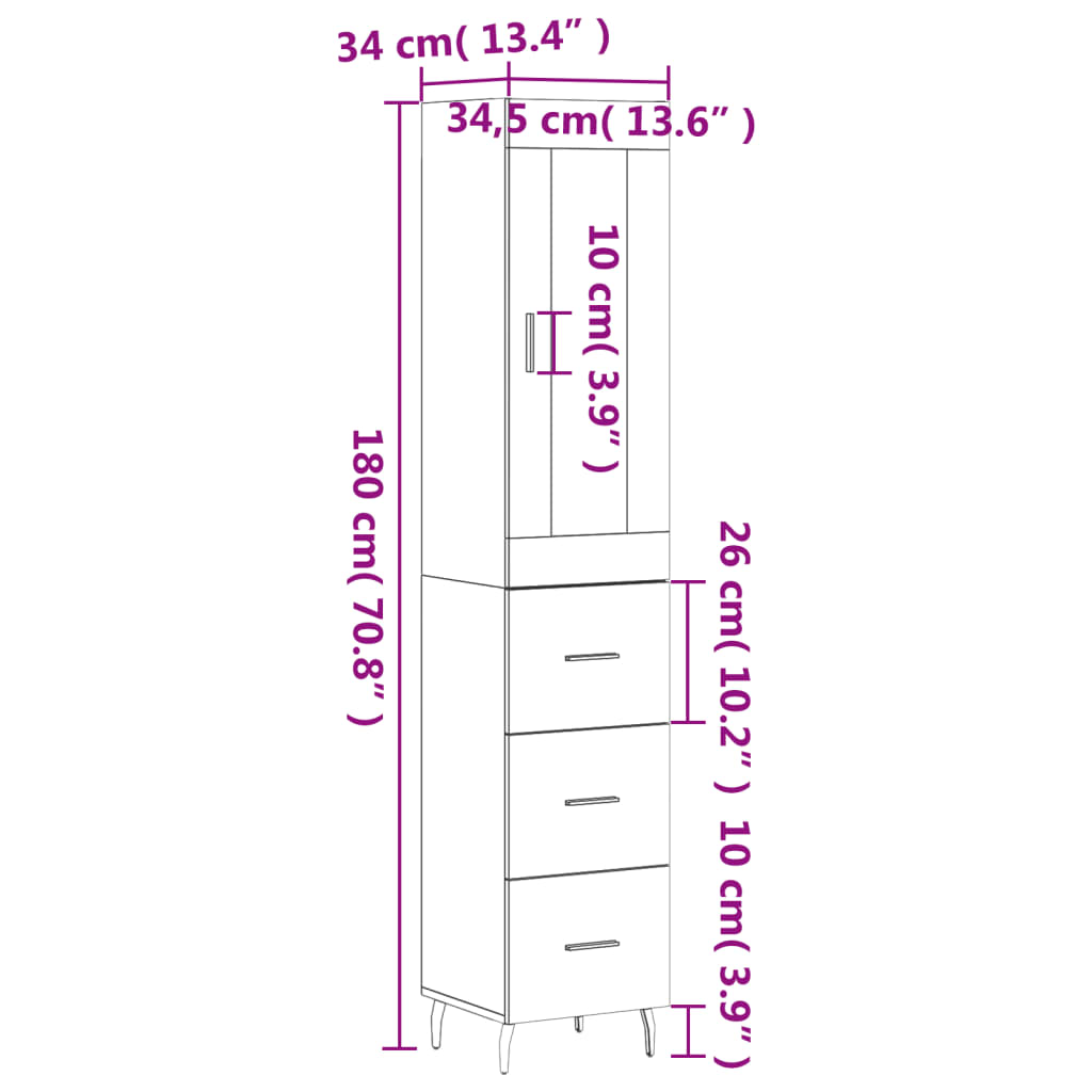 vidaXL Aparador alto madera contrachapada blanco 34,5x34x180 cm