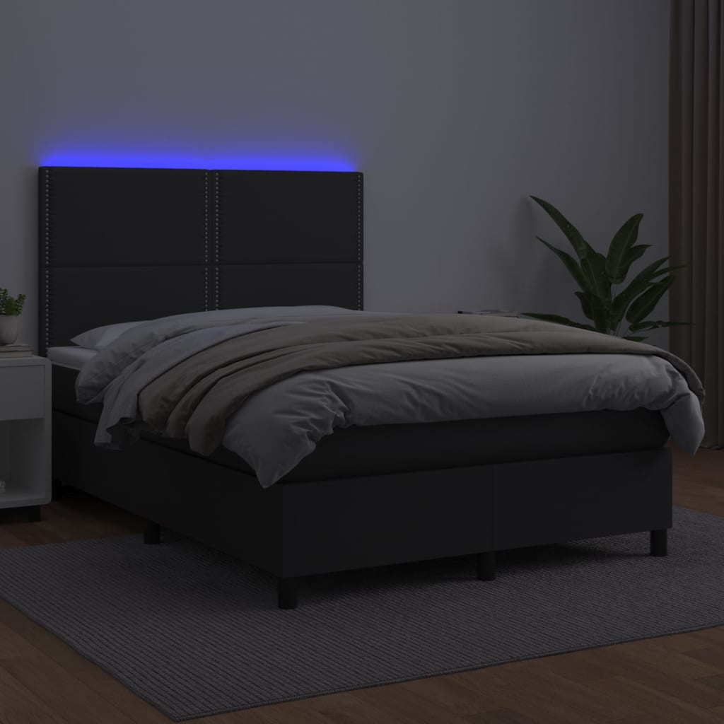 vidaXL Cama box spring colchón y LED cuero sintético negro 140x190 cm