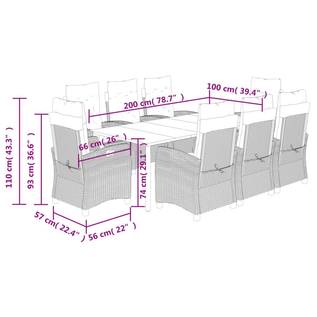 vidaXL Set comedor para jardín 9 pzas y cojines ratán sintético marrón