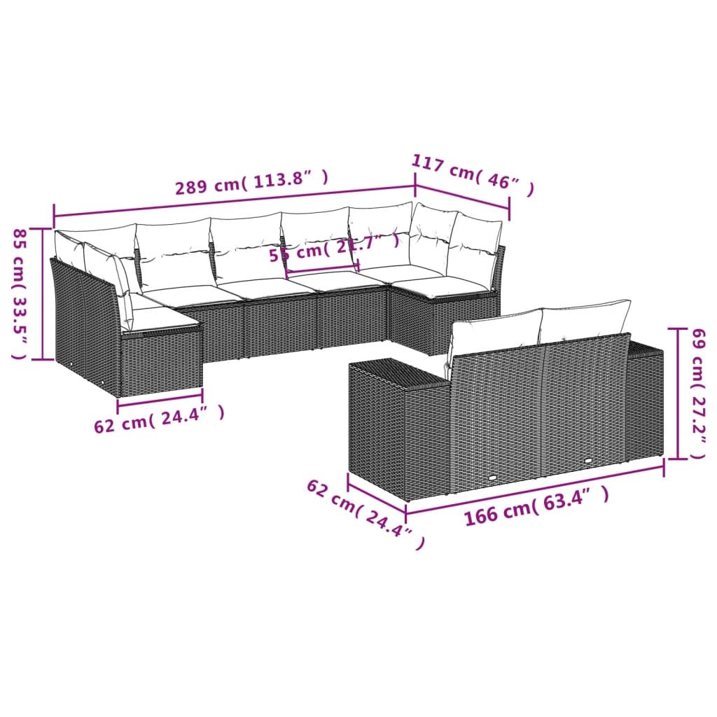 vidaXL Set de muebles de jardín 9 pzas y cojines ratán sintético gris