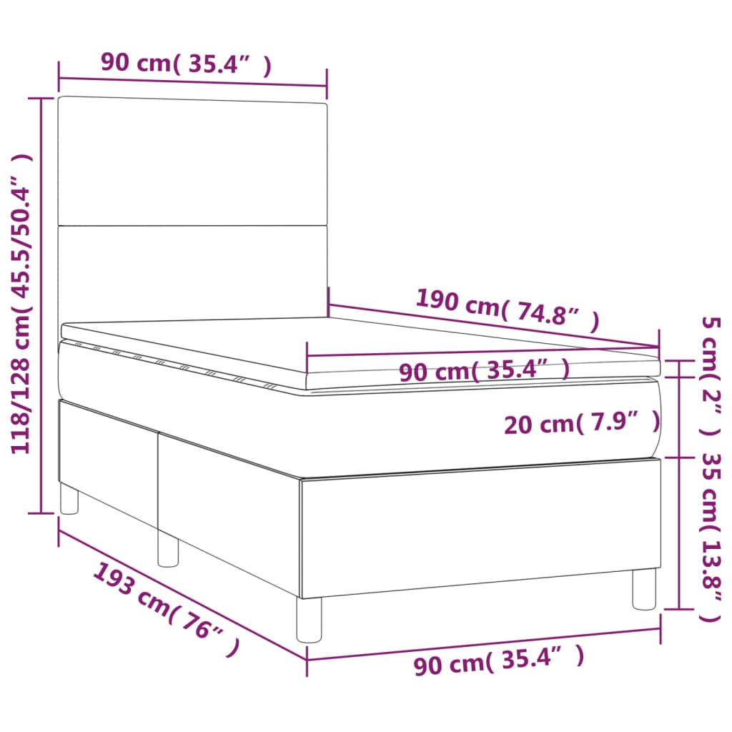 vidaXL Cama box spring y colchón LED cuero sintético negro 90x190 cm