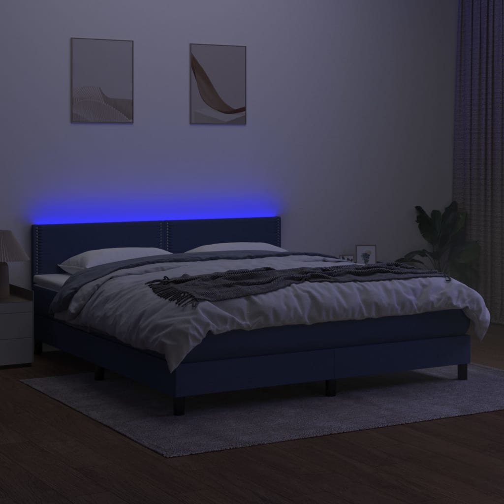 vidaXL Cama box spring colchón y luces LED tela azul 160x200 cm