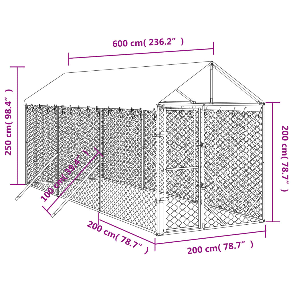 vidaXL Perrera de exterior con toldo acero galvanizado plata 2x6x2,5 m