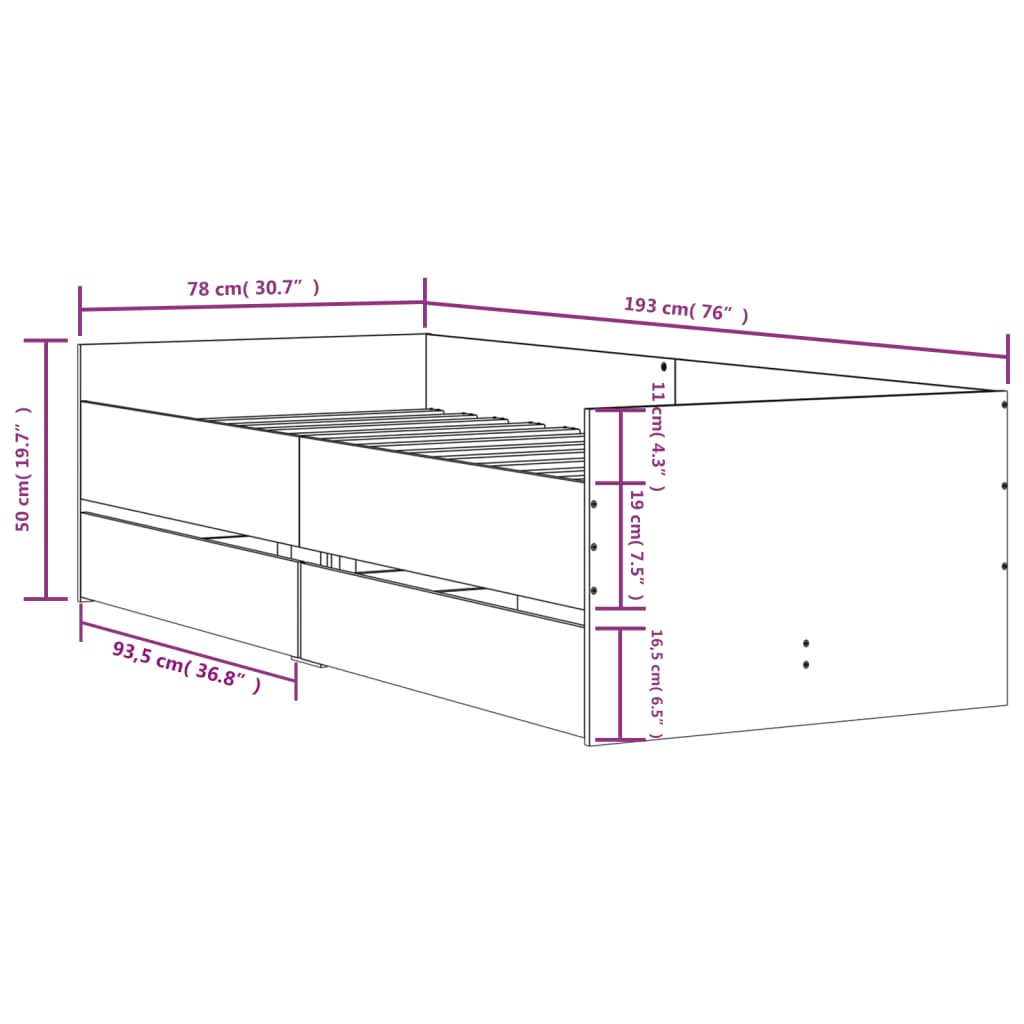 vidaXL Estructura de cama con cajones gris hormigón 75x190 cm