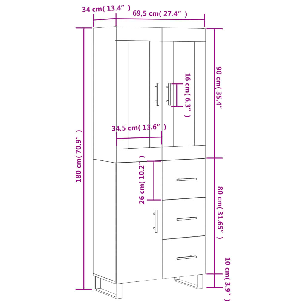 vidaXL Aparador alto madera contrachapada blanco 69,5x34x180 cm