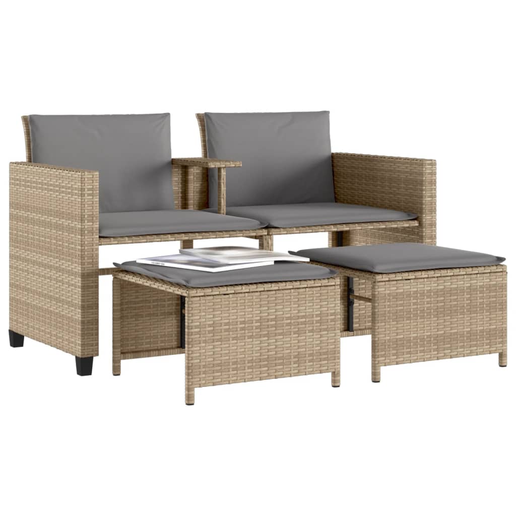 vidaXL Sofá de jardín 2 plazas con mesa y taburetes ratán PE beige