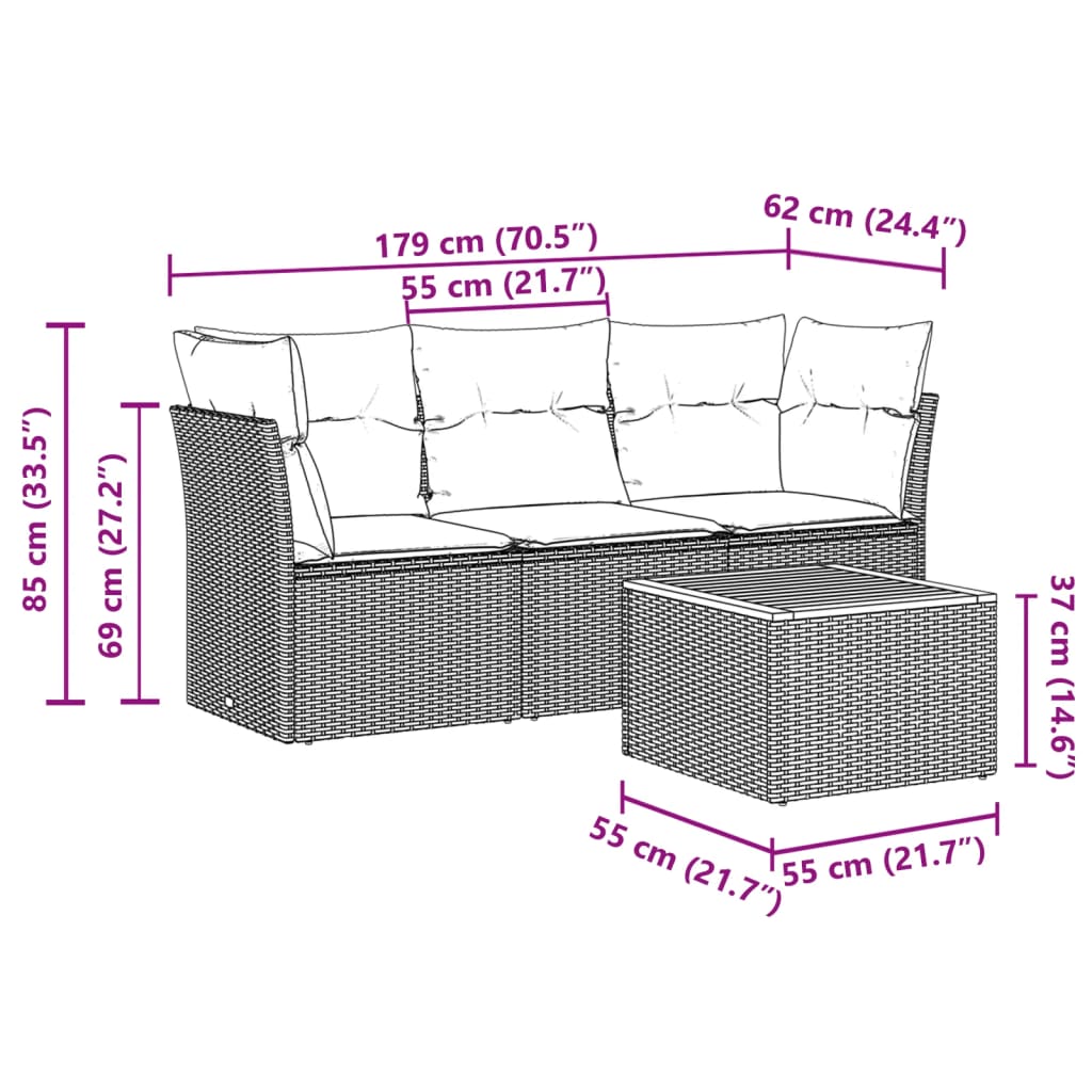 vidaXL Set de sofás de jardín 4 pzas y cojines ratán sintético gris