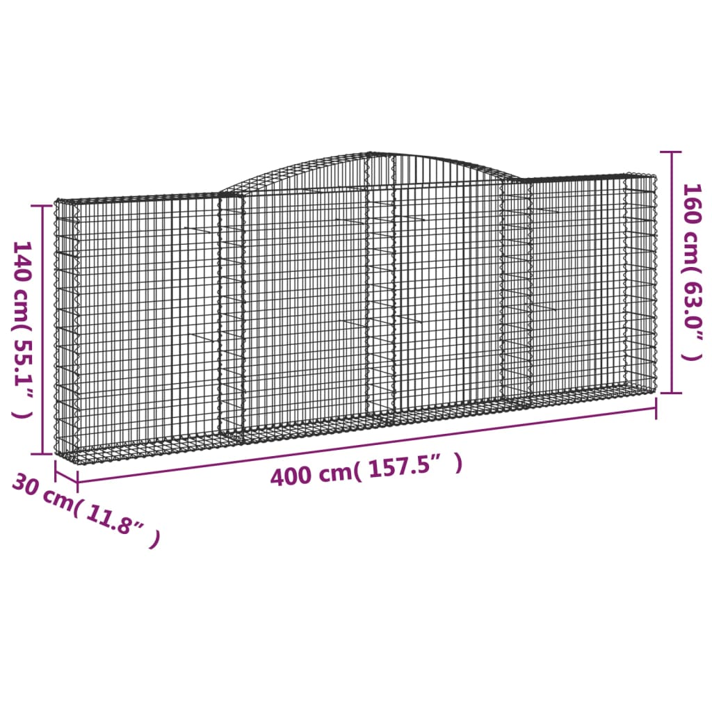 vidaXL Cestas gaviones 6 uds forma de arco hierro 400x30x140/160 cm