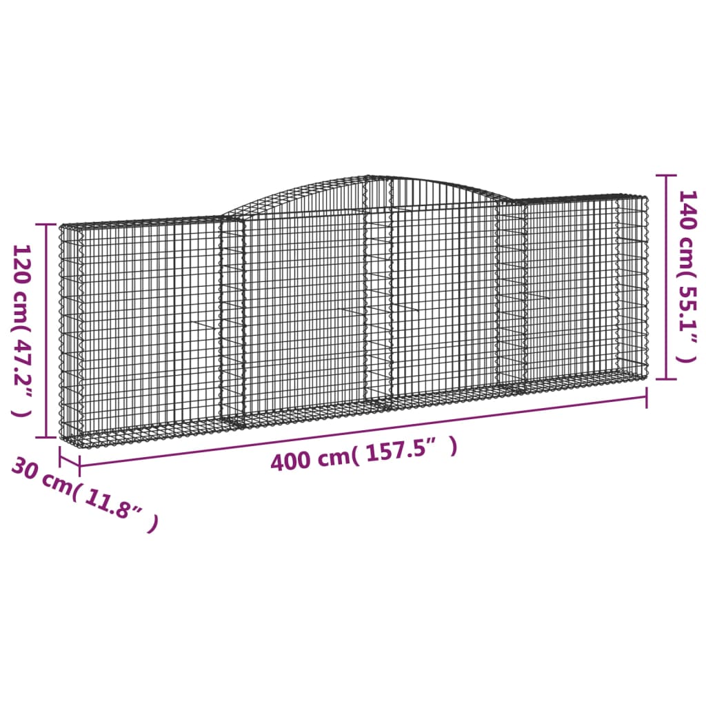 vidaXL Cestas de gaviones 5 uds forma de arco hierro 400x30x120/140 cm