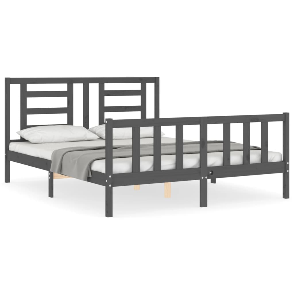 vidaXL Estructura de cama matrimonio con cabecero madera maciza gris