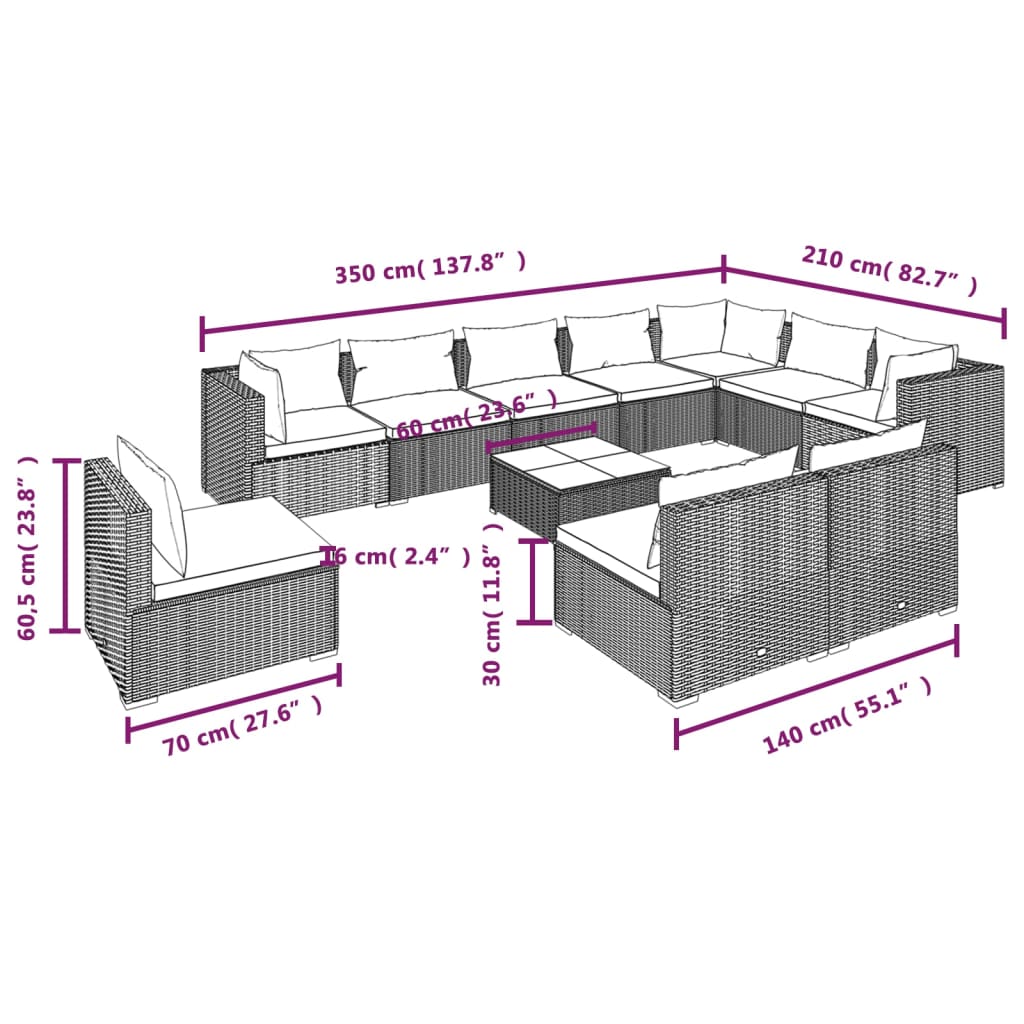 vidaXL Set de muebles de jardín 11 pzas y cojines ratán sintético gris