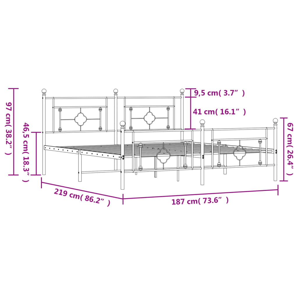 vidaXL Estructura cama sin colchón con estribo metal negro 183x213 cm