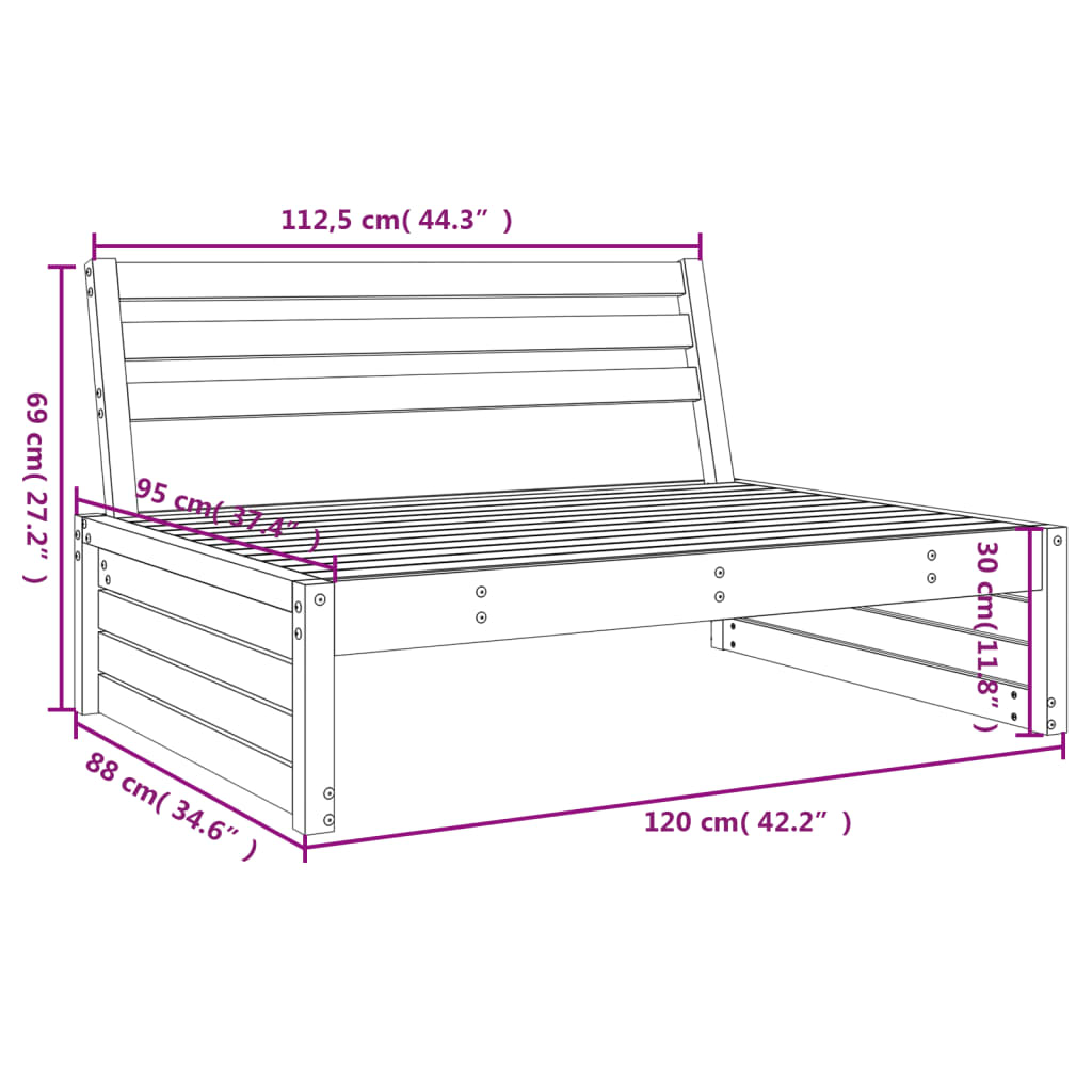 vidaXL Sofá central de jardín madera maciza de pino blanco 120x80 cm