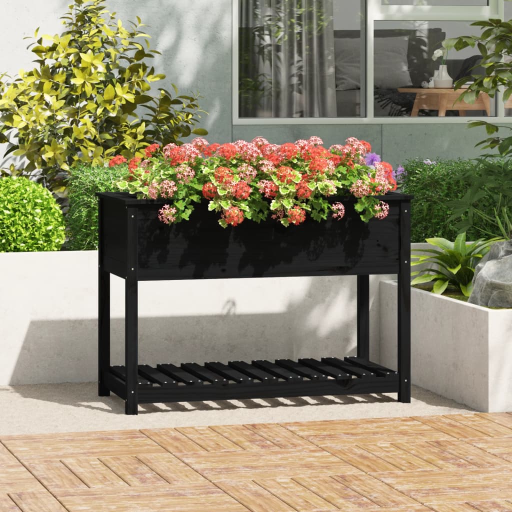 vidaXL Jardinera con estante madera maciza pino negra 111,5x54x81 cm