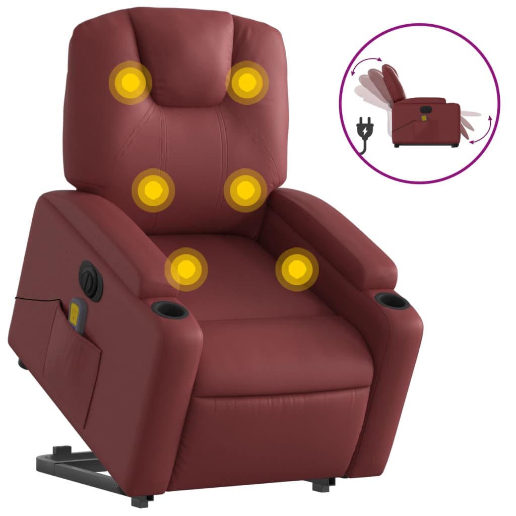 vidaXL Sillón de masaje elevable eléctrico cuero artificial rojo tinto