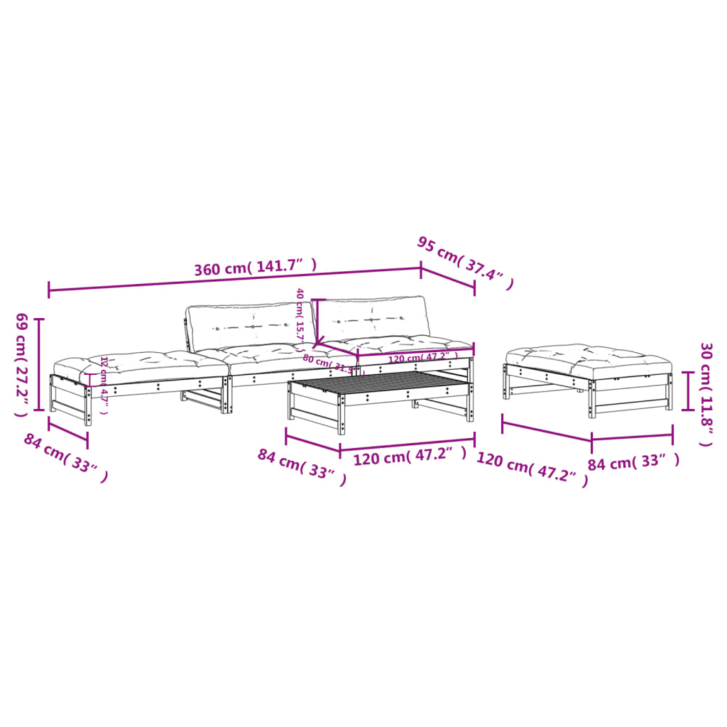 vidaXL Juego de muebles de jardín 5 pzas y cojines madera maciza negro