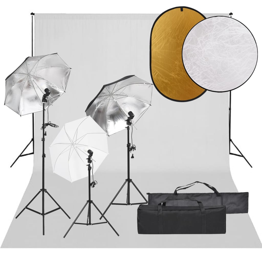 vidaXL Kit de estudio fotográfico con set de luces, fondo y reflector