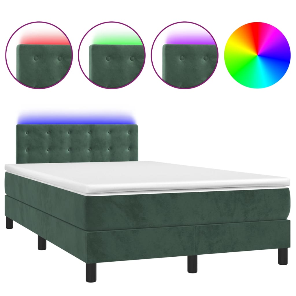 vidaXL Cama box spring colchón y LED terciopelo verde oscuro 120x190cm