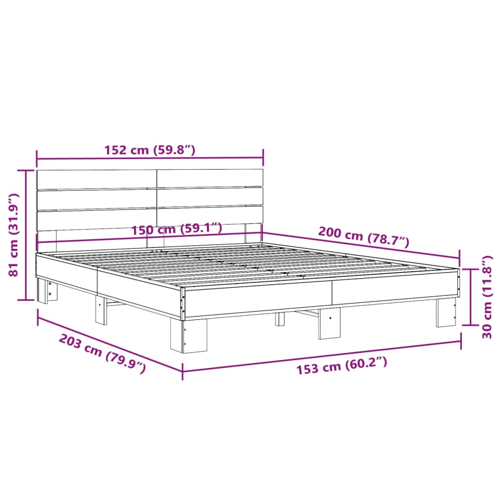 vidaXL Estructura cama madera ingeniería metal roble ahumado 150x200cm