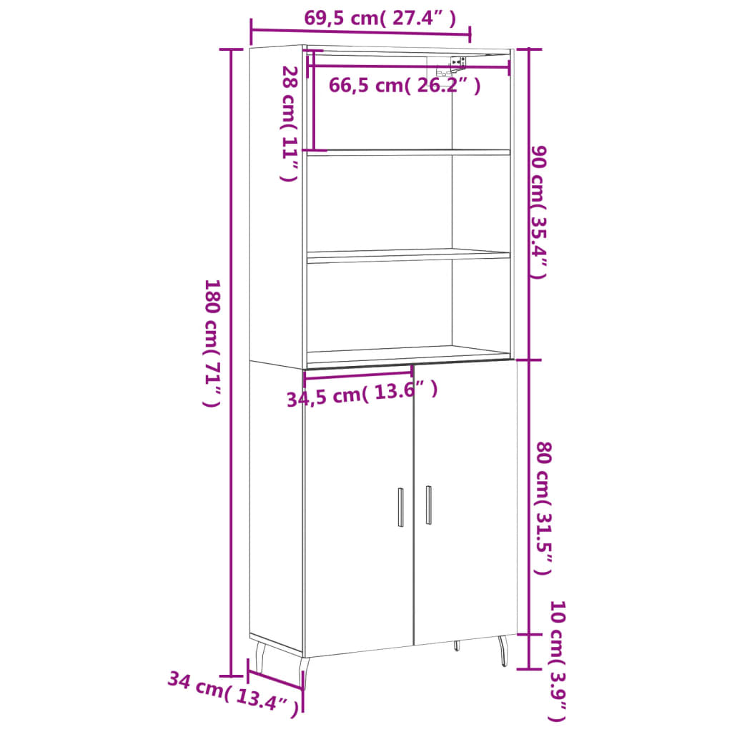 vidaXL Aparador alto madera contrachapada roble ahumado 69,5x34x180 cm