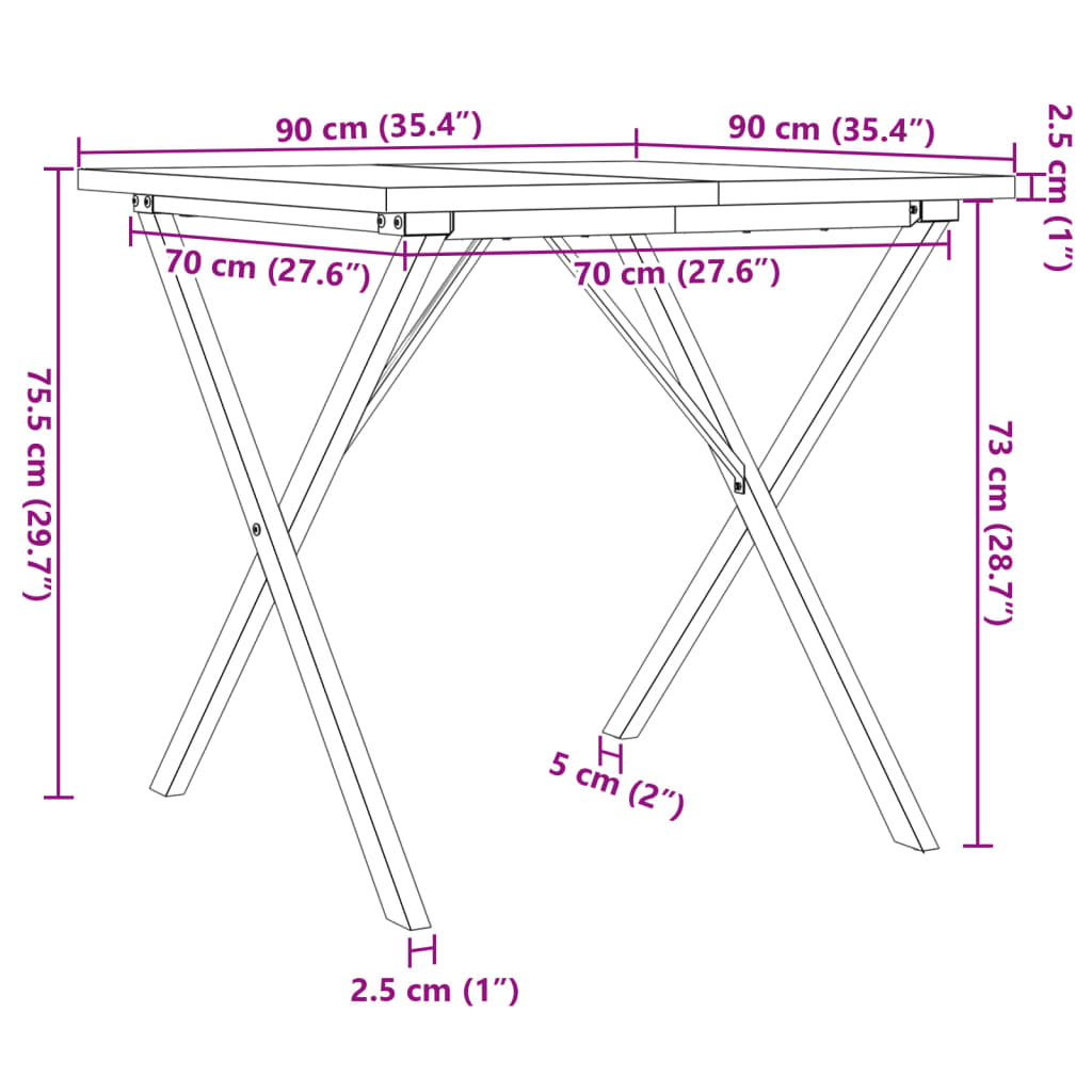 vidaXL Mesa comedor marco X madera maciza pino y hierro 90x90x75,5 cm