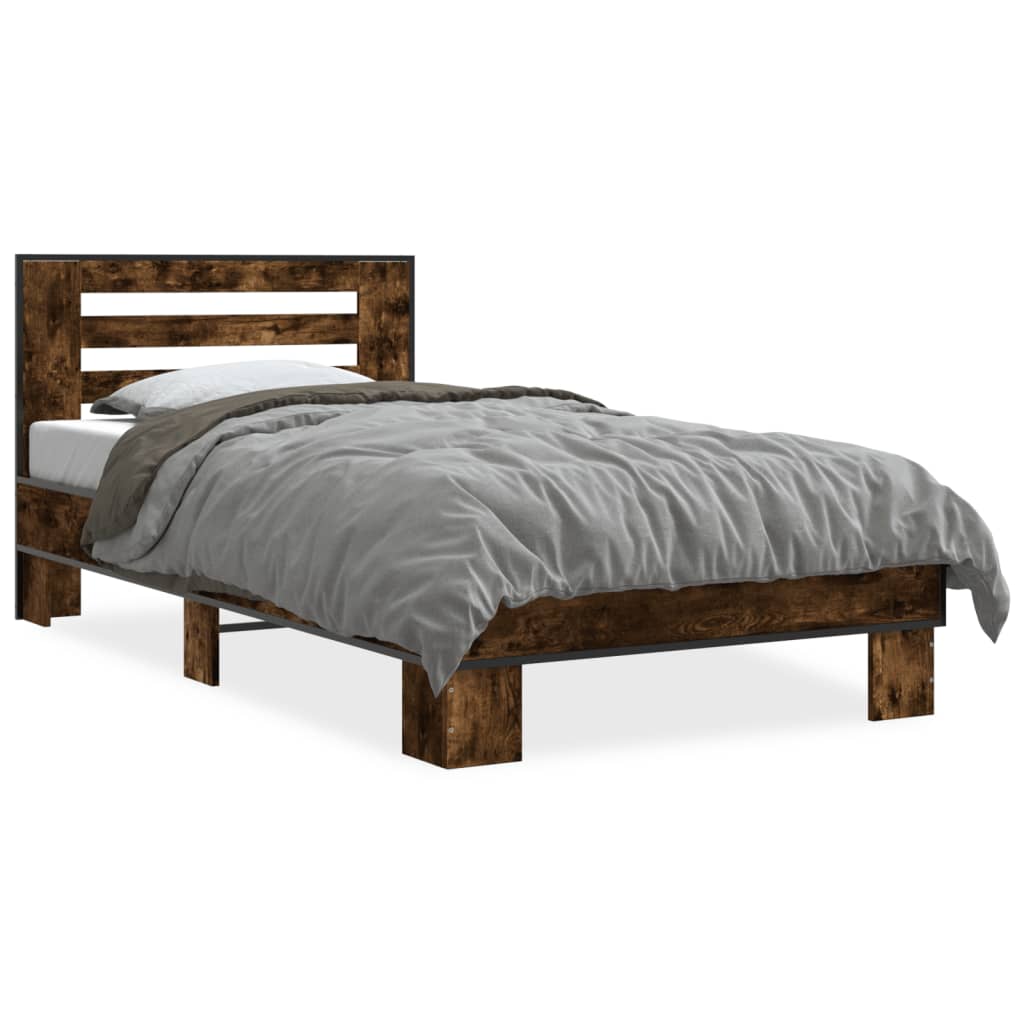 vidaXL Estructura cama madera ingeniería metal roble ahumado 90x190 cm