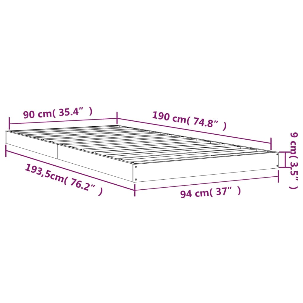 vidaXL Estructura cama individual madera maciza pino negra 90x190 cm