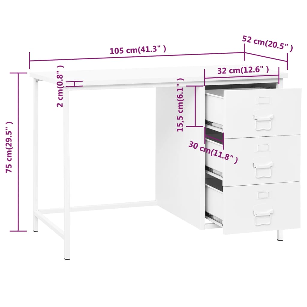 vidaXL Escritorio industrial con cajones acero blanco 105x52x75 cm