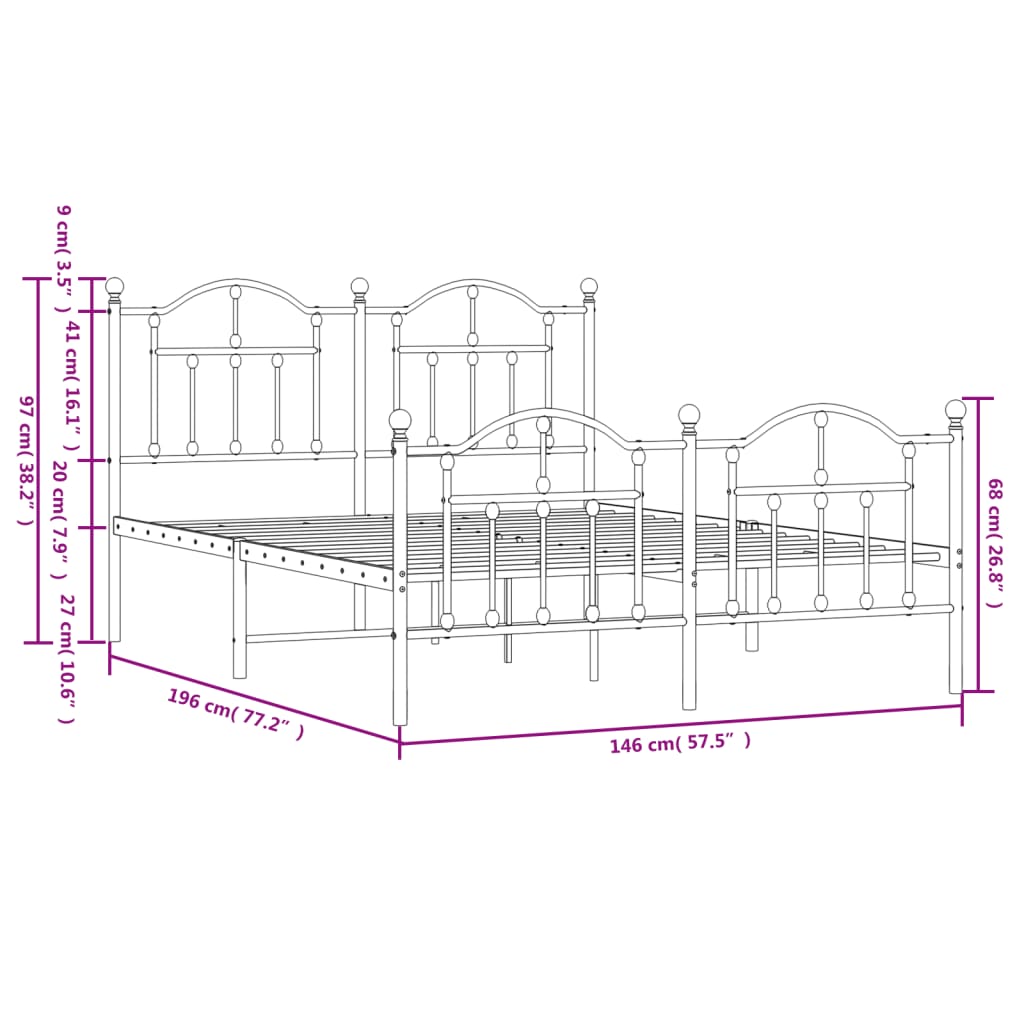 vidaXL Estructura de cama cabecero y estribo metal negro 140x190 cm