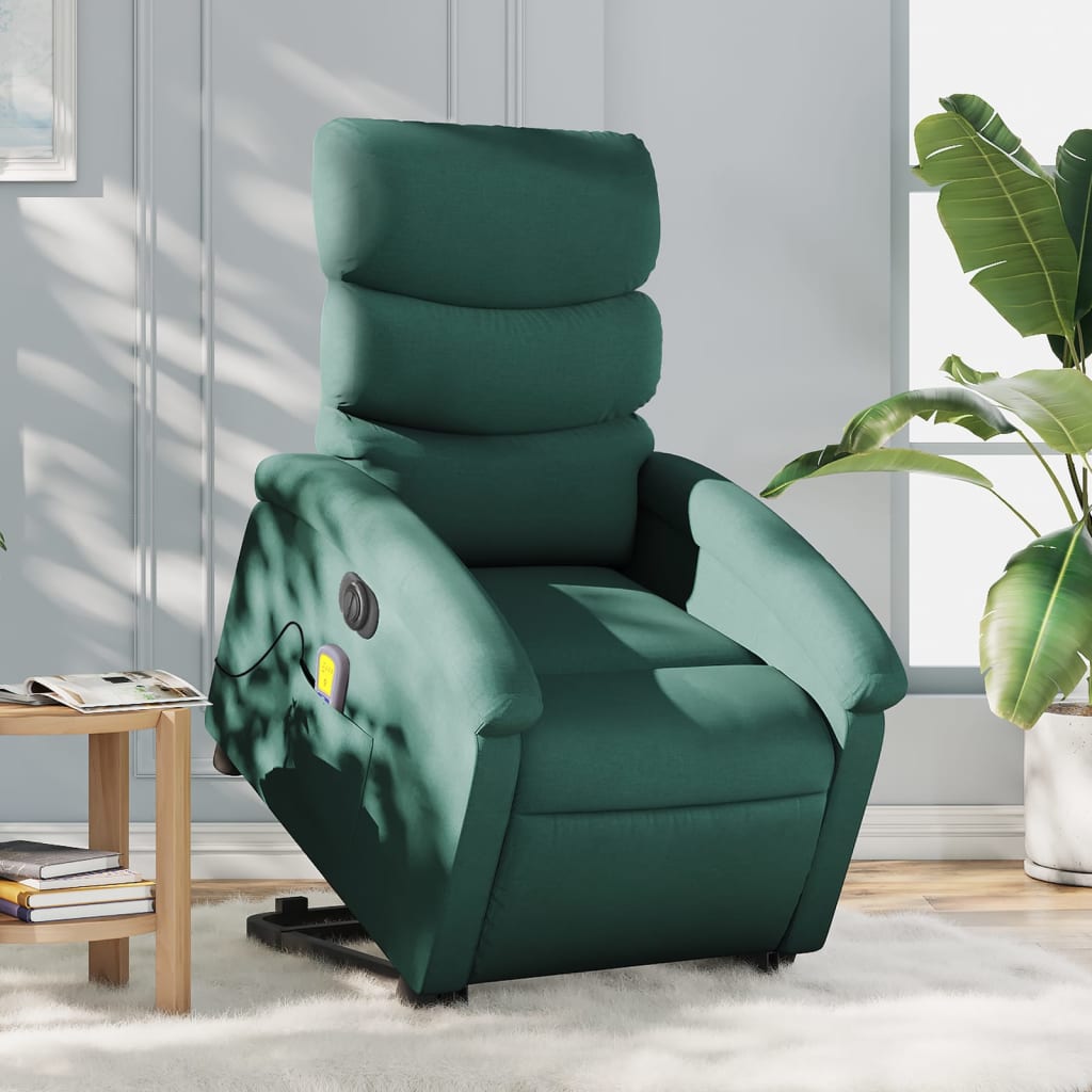 vidaXL Sillón masaje eléctrico reclinable elevable tela verde oscuro